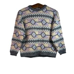 Vintage Multicolor Pastel Geometric Cottagecore Knit Pullover Sweater Grandma S